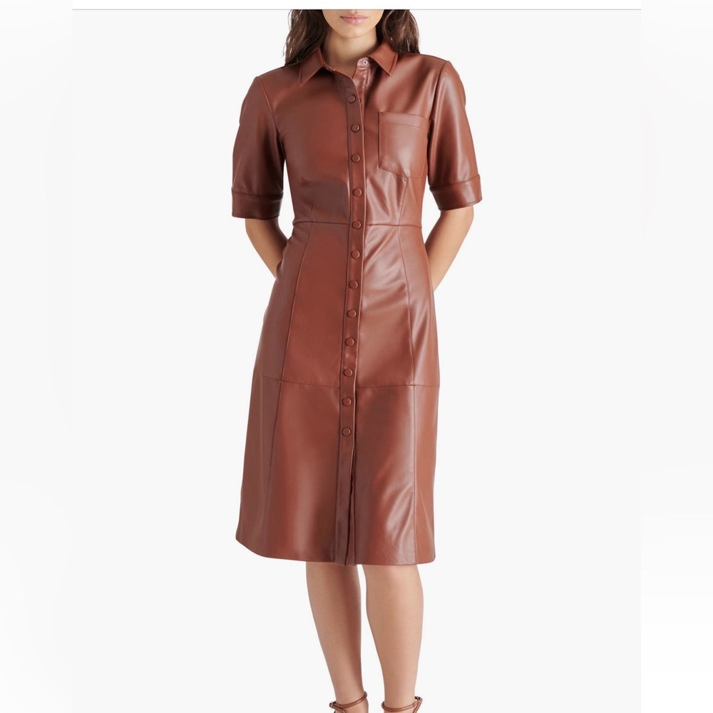 Steve Madden Laken Faux Leather,  Snap Shirtdress, Cognac, size M